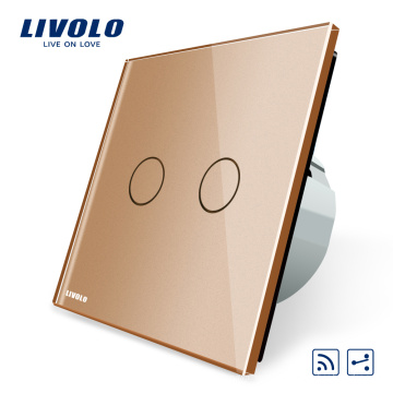 Livolo Interruptor Inteligente padrão DA UE Painel de Vidro De Cristal De Luxo de Ouro 2 gang 2 way interruptor de luz de parede com controle remoto sem fio 220 v